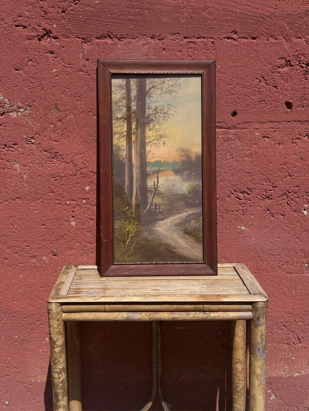 Antique Framed Original Chalk Pastel Landscape – Signed Woodland Lake Sunset